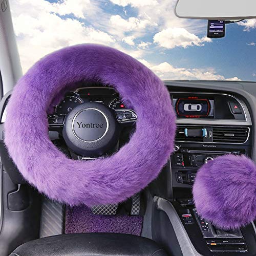 Yontree Fashion Fluffy Steering Wheel Covers for Women/Girls/Ladies Australia Pure Wool 15 Inch1 Set 3 Pcs (Purple) - color: Purple, size: Long Wool