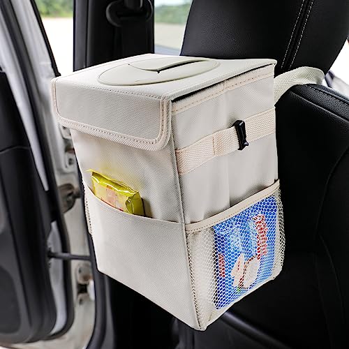 AOKJOY Car Garbage can with lid Leak Proof Vehicle Trash Can 3 Storage Pockets Hanging Waterproof car Trash Bag for SUV Beige - color: beige