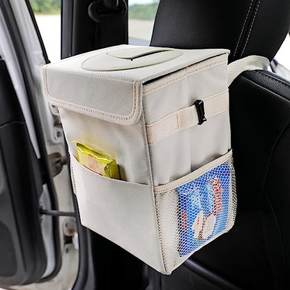 AOKJOY Car Garbage can with lid Leak Proof Vehicle Trash Can 3 Storage Pockets Hanging Waterproof car Trash Bag for SUV Beige - color: beige