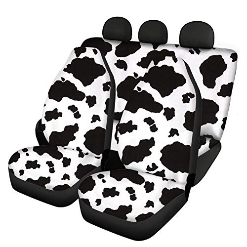 FUSURIRE Black and White Cow Pattern Car Seat Covers, Rear Bench and Backrest Cover, Full Set of 4 for Women Men Seat Protector Cover Universal Size Fits for Cars, Trucks & SUVs - color: Black and White Cow Pattern
