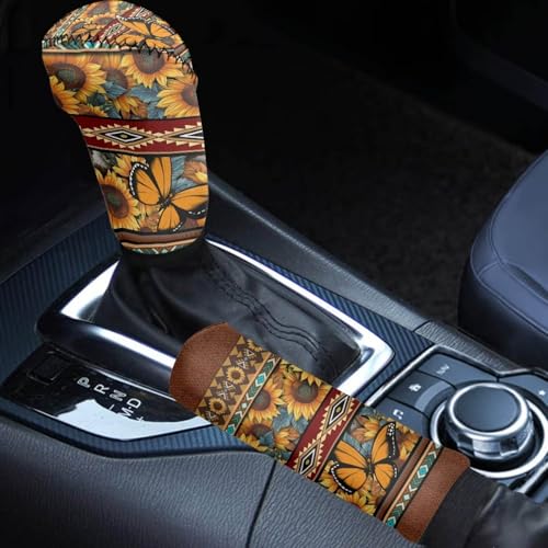 Bulopur Car Shifter Gear Hand Brake Trim Cover Set for Most Cars Van SUV Sedan Truck Auto Accessories - color: Aztec Sunflower Butterfly