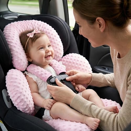 Pro Goleem Infant Car Seat Head Neck Body Support, Ultra-Soft Minky and Microfiber Car Seat Strap Pads, Perfect for Stroller, 2-in-1 Reversible, Girls, Pink - color: Pink-p