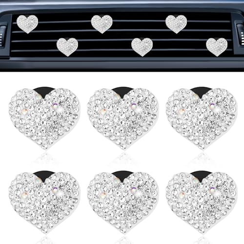 6PCS Bling Heart Car Vent Clips, Crystal Heart Air Freshener Vent Clips, Rhinestone Air Conditioning Outlet Clip, Universal Car Air-Conditioning Fresh Clip for Women, Heart-Decoration for All Vehicles