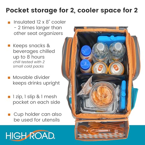 High Road CarHop Car Caddy Organizer with Road Trip Cooler, Car Cup Holder Bin, Sturdy Snack and Play Lid and 6 Organization and Storage Pockets, Gray - color: Gray