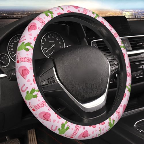 Cowgirls Cactus Pink Steering Wheel Cover for Women Elastic Rubber Steering Wheel Universal 15 Inch Fit for Cars, Auto, SUVs - color: Cowgirls Cactus Pink