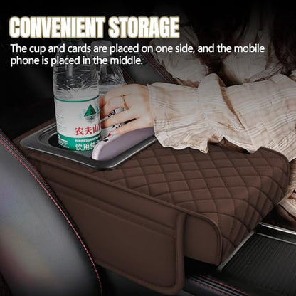 Hovom Car Center Console Cover, 13.39"×7.87"×2.76" Leather Armrest Cover for Cars, Memory Foam Armrest Pillow with Pocket, Cup Holder & Phone Slot, Universal Vehicle Arm Rest Cushion Pad (Coffee) - color: Coffee