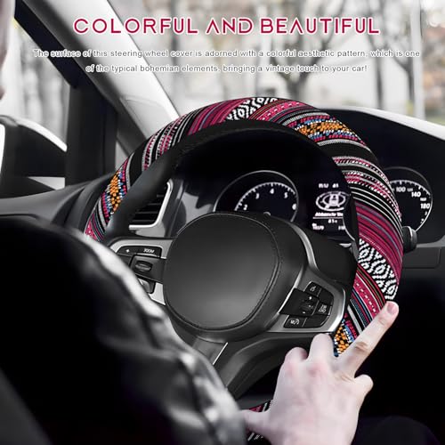 Boho Steering Wheel Cover, Anti-Slip Coarse Flax Cloth Ethnic Style Auto Wheel Cover, Breathable Boho Auto Steering Wheel Protector for Women Men, Car Accessories (Style J)