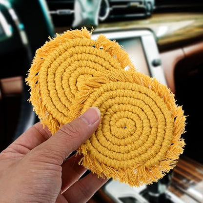 2pcs Cotton Coaster for Car, Car Cup Holder Coasters, Absorbent 3.54 in Boho Cars Cupholder Coaster with Tassel Edges Perfect for Cars,RVs & Home Decor（Sunshine Yellow）