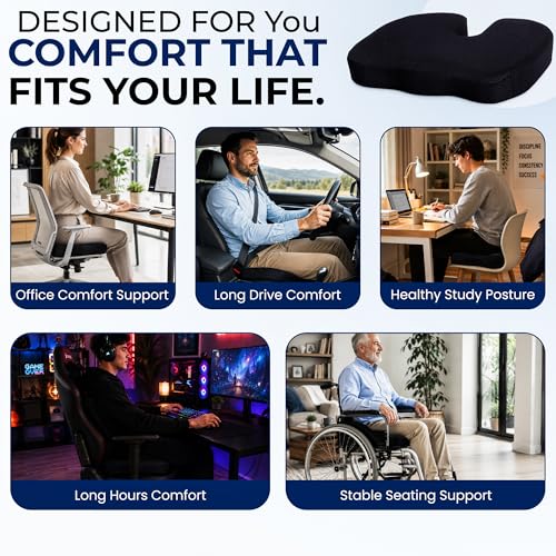 Premium Orthopedic Memory Foam Seat Cushion for Office Chair & Car Seat .Ergonomic U-Shape Coccyx Pillow for Tailbone & Sciatica Pain Relief Lower Back Problems and Long Sitting Comfort. (Black)