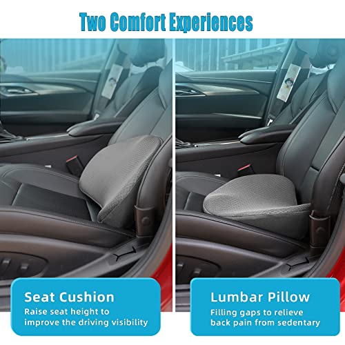 Car Seat Cushion for Driving - Comfort Memory Foam for Car Driver Seat- Back Support & Pain Relief - Car Travel Accessories for Long Trips (Gray)