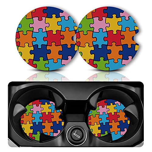 Yonlevres Car Coasters for Cup Holders，2.75" Anti Slip Rubber Mat with A Finger Notch, 2 Pack Car Cup Holder Coasters for Car Interior Accessories for Women Men Autism - color: Autism Puzzle