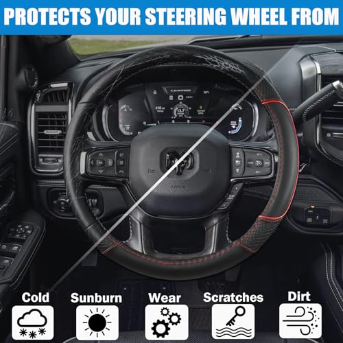 Steering Wheel Cover for Dodge RAM 1500, 2500, 3500 - Premium Microfiber Leather Auto Car Accessory with Non-Slip Grip, Rugged Durability & Interior Upgrade, 15.5-16 inch (Red-Large Size)