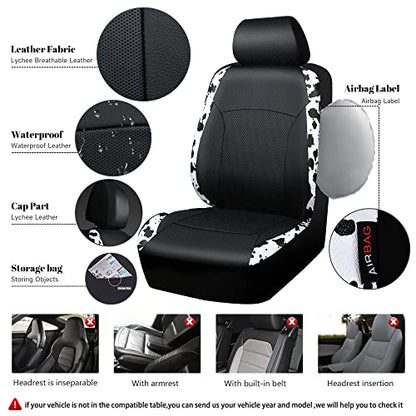CAR-PASS Cow Print Car Accessories Sets Faux Leather Car Seat Covers & Cow Car Mats & Cow Steering Wheel Cover Seat Belt Pads Universal fit for SUV,Van,Saden,Truck Cute Automobile Interior Sets Women - color: Cow Print Combo