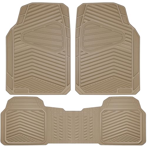 CAR PASS Rubber Car Mats, Waterproof Car Floor Mats All Weather Car Mat Full Set 3 Piece, Tan Automotive Floor Mat Trim to Fit for Cars Sedan SUVs Trucks, Anti-Slip Easy Clean, All Beige