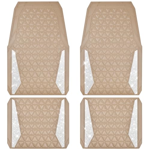 CAR PASS Bling Diamond Car Mats Rubber Floor Mats Full Set Anti-Slip 3D Rhombus Waterproof Trim to Fit Liner Universal Glitter Crystal Sparkly Shining Rhinestone Girl Women SUV Sedan Van, Beige Rubber - color: Beige Rubber