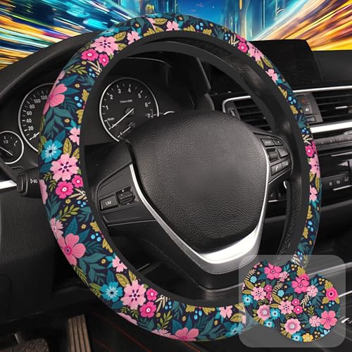 Colorful Flowers and Leaves Steering Wheel Cover with 2 Pcs Car Coasters Neoprene Steering Wheel Cover for Women Men Anti-Slip Breathable Car Accessories Universal 15 Inch Fit Auto Cars Trucks - color: Colorful Flowers and Leaves