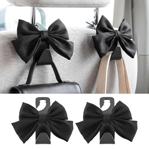 2Pcs Bow Car Headrest Hooks, Durable PVC Seat Back Organizer Hooks, Car Interior Decor Accessories, Multi‑Use for Bags and Umbrella, Universal for Cars, SUV, Truck (Black)