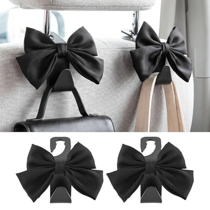 2Pcs Bow Car Headrest Hooks, Durable PVC Seat Back Organizer Hooks, Car Interior Decor Accessories, Multi‑Use for Bags and Umbrella, Universal for Cars, SUV, Truck (Black)