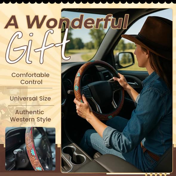 Western Steering Wheel Cover,Retro Western Cowboy Car Universal Steering Wheel Cover,Embossed Hand-Painted Leather Western Car Accessories, for Women Man, Anti-Slip Design Easy to Install (C) - color: C