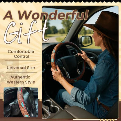 Western Steering Wheel Cover,Retro Western Cowboy Car Universal Steering Wheel Cover,Embossed Hand-Painted Leather Western Car Accessories, for Women Man, Anti-Slip Design Easy to Install (D) - color: D