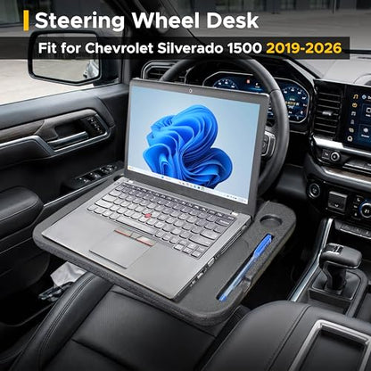 EcoNour Steering Wheel Desk for Chevrolet Silverado1500 2019-2026 2-in-1 Car Tray Table Laptop Car Mount with Pen Holder Food Tray for Eating with Drinks Holder Multipurpose Travel Car Accessories - size: Fit For Chevrolet Silverado 1500 2019-2026