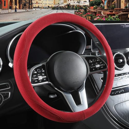 Red Suede Steering Wheel Cover, Breathable Non-Slip Sweat-Proof Wear-Resistant No Pilling, Warm in Winter and Cool in Summer, Universal 15 inch - color: Red, size: Round-M[14.5''-15'']