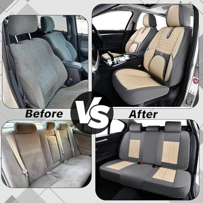Car Universal Seat Cover, Khaki Seat Cover, 5-Piece Full Set, Waterproof and Wear-Resistant Artificial Leather, Protects Car Seats, with Lumbar Support, Fits Most Cars, Airbag Compatible - color: B_Light Taupe