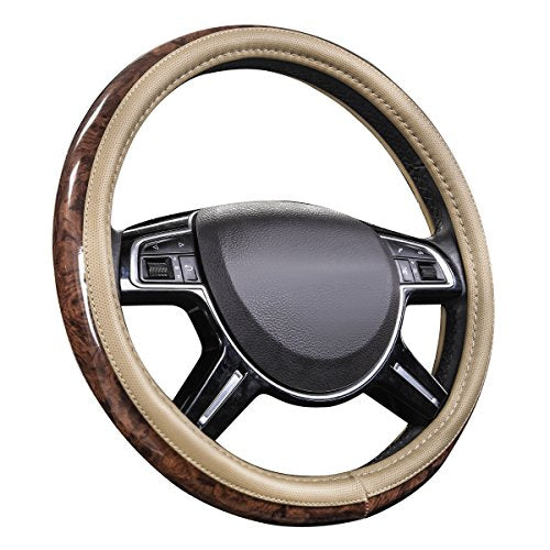 CAR PASS Wood Grain 14.5-15 inch Microfiber Leather Steering Wheel Cover, Anti-Slip Veins Design Steering Wheel Universal Fit for Most Cars, Sedans, SUV， Beige - color: beige