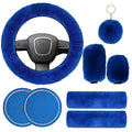 Cute Fluffy Steering Wheel Cover Set for Women, YUNXNYC 1 Set 8 Pieces Fluffy Car Accessories Set Soft Fuzz Handbrake Cover Gear Shift Cover Fur Seat Belt Shoulder Pads Furry Ball Key Chain (Blue) - color: Blue