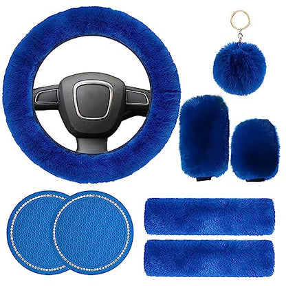 Cute Fluffy Steering Wheel Cover Set for Women, YUNXNYC 1 Set 8 Pieces Fluffy Car Accessories Set Soft Fuzz Handbrake Cover Gear Shift Cover Fur Seat Belt Shoulder Pads Furry Ball Key Chain (Blue) - color: Blue