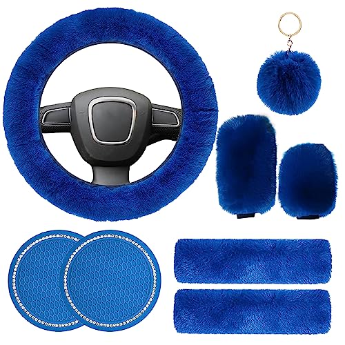 Cute Fluffy Steering Wheel Cover Set for Women, YUNXNYC 1 Set 8 Pieces Fluffy Car Accessories Set Soft Fuzz Handbrake Cover Gear Shift Cover Fur Seat Belt Shoulder Pads Furry Ball Key Chain (Blue) - color: Blue