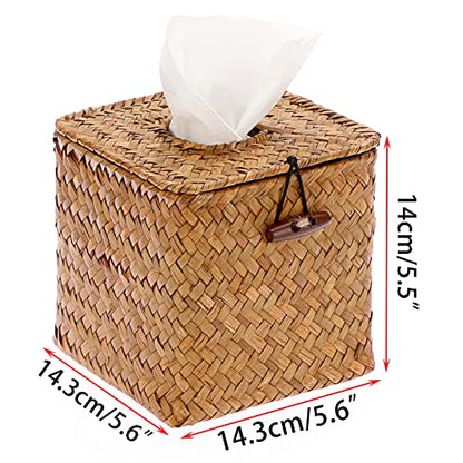 Sumnacon Tissue Box Cover Square Seagrass Tissue Box with Lid, Woven Tissue Box Holder Rustic Cube Tissue Cover for Bathroom Toilet Bedroom Living Room Kitchen Table Desk Office Car, Caramel - color: Caramel