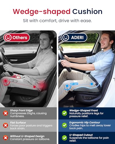 Gel Wedge Car Seat Cushion for Driving Relieves Tailbone Pain, Composite Gel Memory Foam for Cool & Support Comfort, Ergonomic Car Seat Pillow, Elevated Back for Wider Vision, Anti-Slip Design