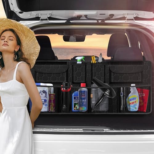 esouler Car Trunk Organizer, Super Capacity Backseat Car Organizer for SUV/Truck/MPV(42"*18"), Hanging Car Storage Organizer with 8 Pocekts, Car Accessories for Women and Men- Black