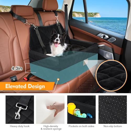 Dog Car Seat for Large Medium Dogs,Portable Washable Pet Car Seat Under 55 lbs,Dog Booster Seat with Thick Cushion,2 Safety Leashes Travel Car Dog Bed - color: Black