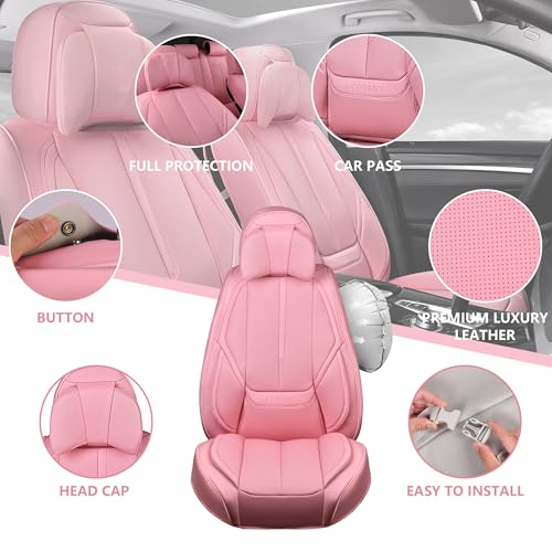 CAR PASS Nappa Leather Seat Covers Full Set Cushioned, Universal Waterproof Durable, All Pink Car Seat Covers Leatherette Support Lumbar Women Fit for SUV Pick-up Truck Sedan Cute 5 Seats Solid Pink - color: Pink Full Sets