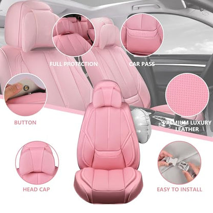 CAR PASS Nappa Leather Seat Covers Full Set Cushioned, Universal Waterproof Durable, All Pink Car Seat Covers Leatherette Support Lumbar Women Fit for SUV Pick-up Truck Sedan Cute 5 Seats Solid Pink - color: Pink Full Sets