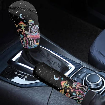 Skull Mushroom Moon Print Gear Shift Knob Cover Set with Handbrake Cover, Stretchy Universal Car Accessory