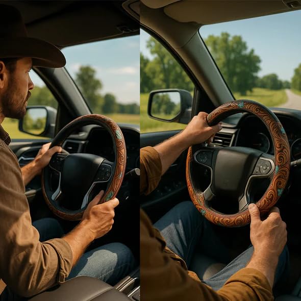 Western Steering Wheel Cover,Retro Western Cowboy Car Universal Steering Wheel Cover,Embossed Hand-Painted Leather Western Car Accessories, for Women Man, Anti-Slip Design Easy to Install (A) - color: A