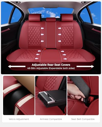 Huidasource Rear Car Seat Cover, Nappa Leather Rear Seat Cover Velcro Adjustable, Compatible with Seat Belts, Child Safety Seats, Universal Fit for Most Cars SUVs Trucks (Back Row/Red) - color: 01R# Red, size: Back Seat Cover