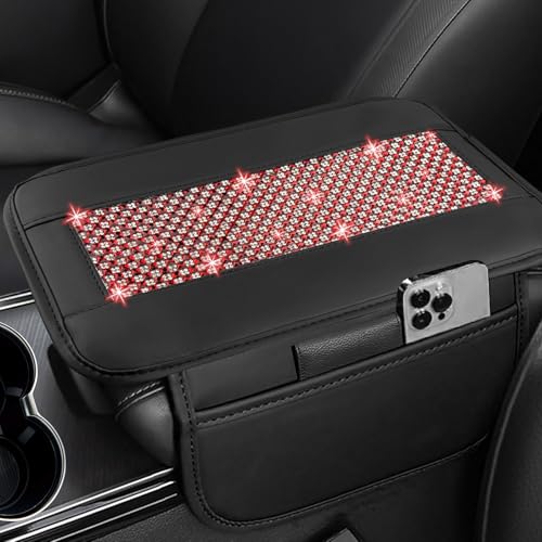 NBTEPEM Bling Car Armrest Cover, Universal Microfiber Leather Center Console Cover with 2 Pockets, Rhinestone Car Armrest Cushion Protector, Bling Accessories Interior for Most Vehicles (Red Diamond) - color: Red Diamond