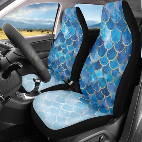 Gradient Blue Mermaid Scale Print Universal Car Seat Covers Front Seats Only for Women,Fit for Most Cars - color: Gradient Blue Mermaid Scale Print 86