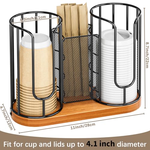 Coffee Cup and Lids Holder - Disposable Cups Straws Organizer with Wooden Base - Paper Plastic Cup Holder Dispenser Storage for Countertop Coffee Station Bar Restaurant Office Breakroom Shop Kitchen