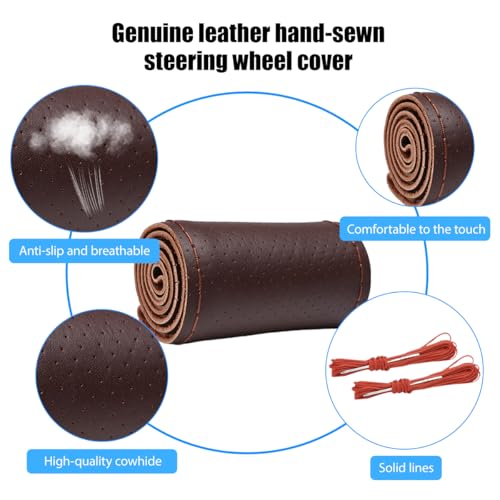 Genuine Leather Car Steering Wheel Cover, DIY Sewing Stitch on Wrap Auto Wheel Cover with Needle Thread, Breathable Anti-Slip Vehicle Steering Stitching Protector, Universal Fit (Coffee) - color: Coffee