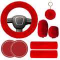 Cute Fluffy Steering Wheel Cover Set for Women, YUNXNYC 1 Set 8 Pieces Fluffy Car Accessories Set Soft Fuzz Handbrake Cover Gear Shift Cover Fur Seat Belt Shoulder Pads Furry Ball Key Chain (Red) - color: Red