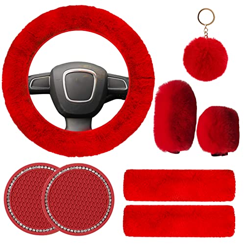 Cute Fluffy Steering Wheel Cover Set for Women, YUNXNYC 1 Set 8 Pieces Fluffy Car Accessories Set Soft Fuzz Handbrake Cover Gear Shift Cover Fur Seat Belt Shoulder Pads Furry Ball Key Chain (Red) - color: Red