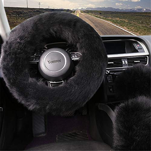 Yontree Fashion Fluffy Steering Wheel Covers for Women/Girls/Ladies/Men Australia Pure Wool Universal 15 Inch 1 Set 3 Pcs (Black) - color: Black, size: Long Wool