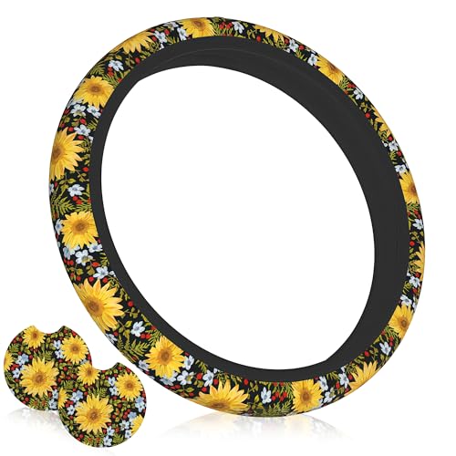Steering Wheel Cover Sunflower Car Accessories Universal 14-15 Inch with 2 Pieces Coasters,Neoprene Auto Interior Decor Anti Slip Car Protector for Women Men - color: Sunflower Yellow