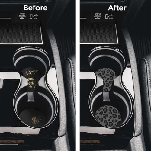 Car Coasters for Cup Holders, 2 Pack Non-Slip Universal Rubber Car Cup Coaster for Women, Car Interior Accessories - Black Leopard
