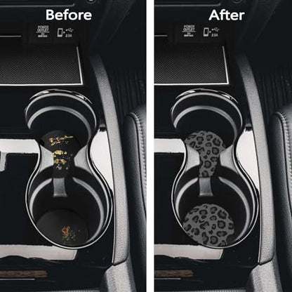 Car Coasters for Cup Holders, 2 Pack Non-Slip Universal Rubber Car Cup Coaster for Women, Car Interior Accessories - Black Leopard